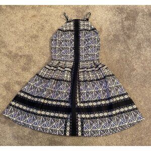 Vince Camuto Dress Geometric Print Fit & Flare Sleeveless Blue White Size 4